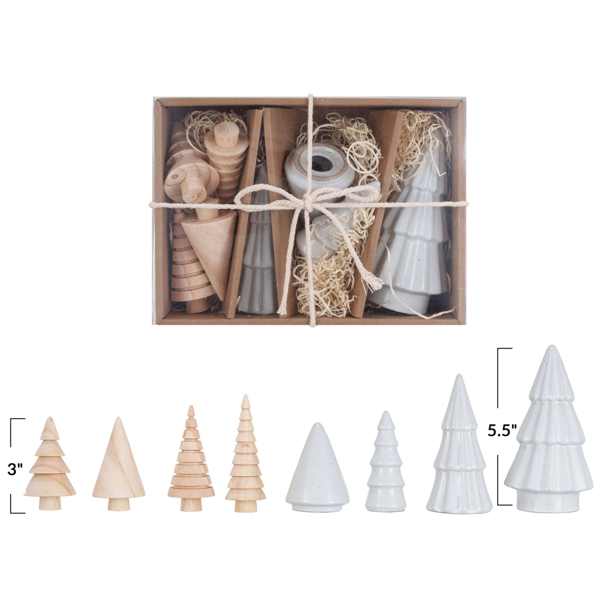 Hello Honey® White & Natural Stoneware & Wood Christmas Trees Set